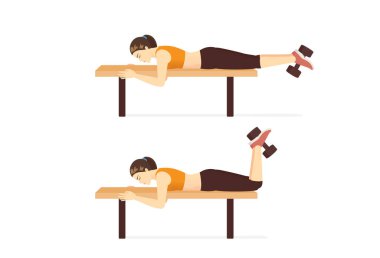 Spor kadınları Bench 'te Dumbbell Hamstring Curl ile egzersiz yapıyor. Spor salonunda spor yaparken bacak kasları hedef alınmıştı..