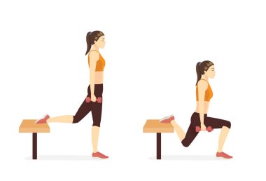 Bulgar Split Squat 'ını Benç ve dambılla iki adımda yapan spor kadını. Egzersiz ekipmanları ile çok zorlu bir egzersiz diyagramı.