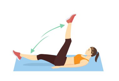 Mavi hasırda Flutter Kicks egzersizi yapan kadınlar. Karın egzersizi için evde yapılan abdominal egzersizle ilgili bir resim..