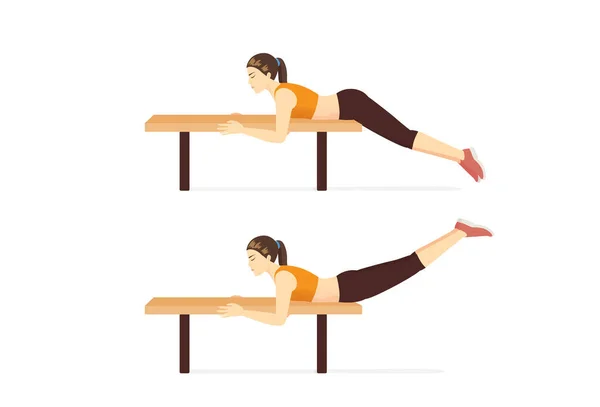 女人脸朝下躺在长椅上 做着伸展身体的运动 运动器械在腹部和腿上的适用性 — 图库矢量图片