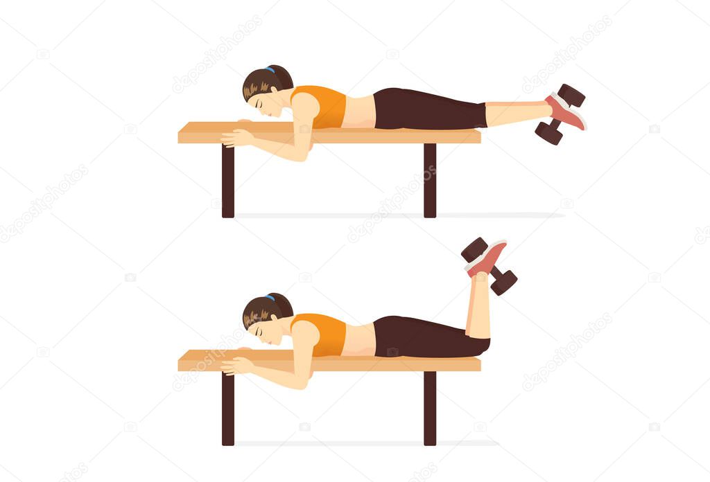 Sport women doing exercise with Dumbbell Hamstring Curl on Bench. Workout at the gym with equipment target on legs muscles.