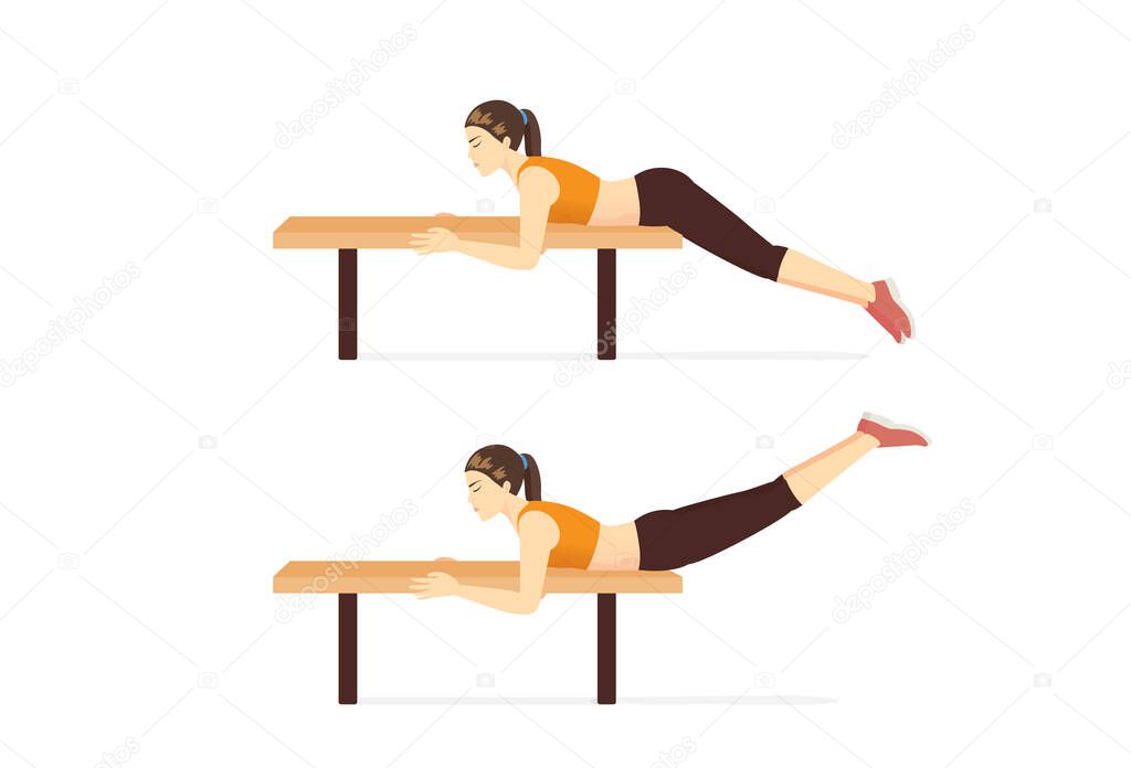 Women lie facedown on a bench and doing workout with Prone Hip Extension pose. Fitness on abdominal and legs with gym equipment.