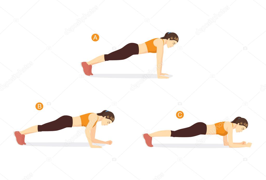 Sport women doing exercise with plank walk up pose start by push up. Workout at home for target on abdominal with no equipment.