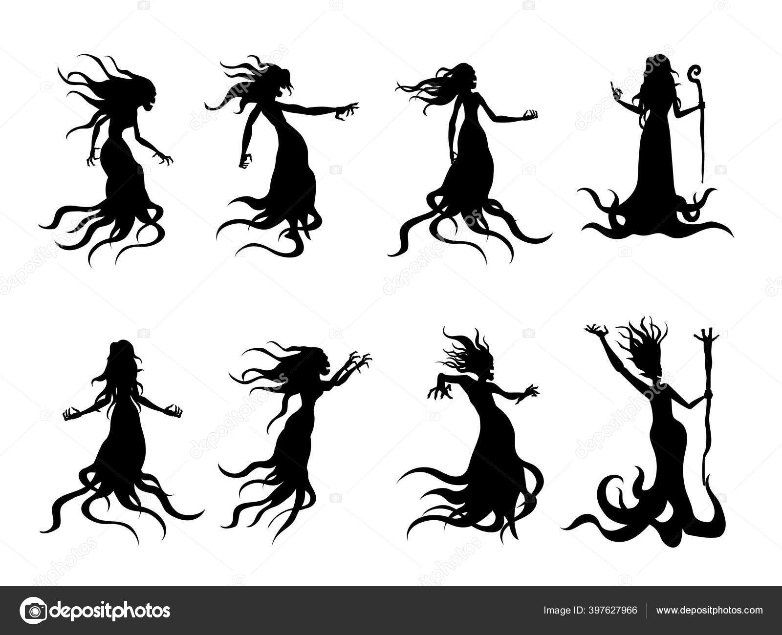 여자들을 실루엣 지팡이를 형태로 다니는 마녀처럼 유령이나 환상같은 속삭임에 스톡 벡터 - ©solar22 397627966, image size:1600x1300