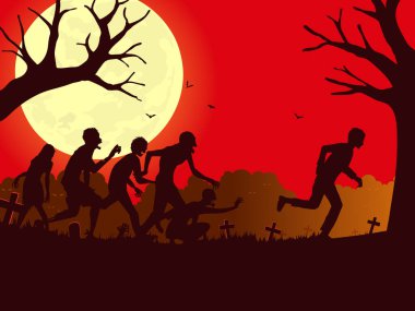 Siluet vektör adam mezarlıktaki zombi grubundan kaçtı. Cadılar Bayramı gecesi zombi kalabalığının insanlara saldırması.