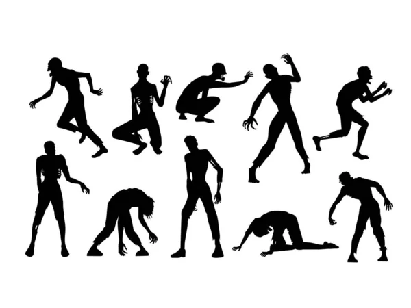 Zombie Staan Lopen Lopen Andere Poses Silhouette Stijl Collectie Volledige — Stockvector