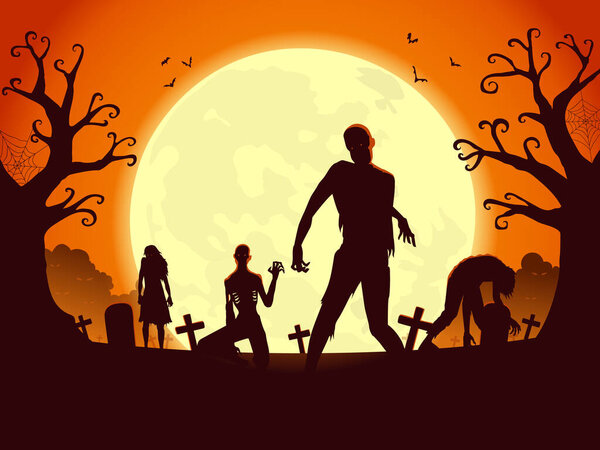 Зомби-воскрешение из могилы в полнолуние и ярость. Иллюстрация силуэтов на тему вечеринки в честь Хэллоуина.