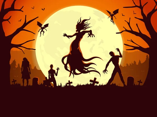 Silhouette Flying Evil Spirit Devil Graveyard Full Moon Night Concept — Stock Vector