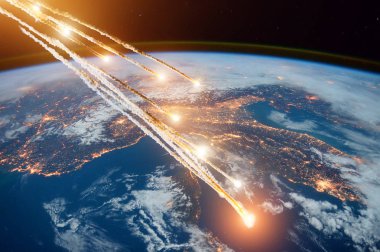 Asteroid Dünya'nın atmosferi içinde birkaç göktaşları yanan alevler yükseliyor. Nasa tarafından döşenmiş bu görüntü unsurları