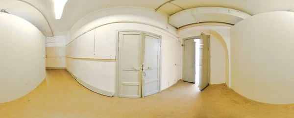 Panorama Sphérique Intérieur Ancienne Salle Couloir Sale Abandonnée Dans Bâtiment — Photo