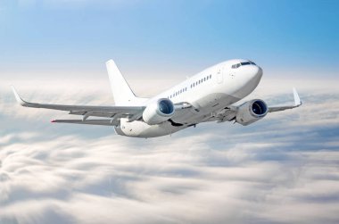 Airplane climb gains altitude at speed in motion blur above sky clouds flight journey height clipart