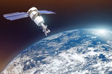 Araştırma, araştırma, atmosferde gözlem. Dünya 'nın üzerindeki uydu hava durumu parametrelerini ölçüyor. Bu görüntünün elementleri NASA tarafından desteklenmektedir