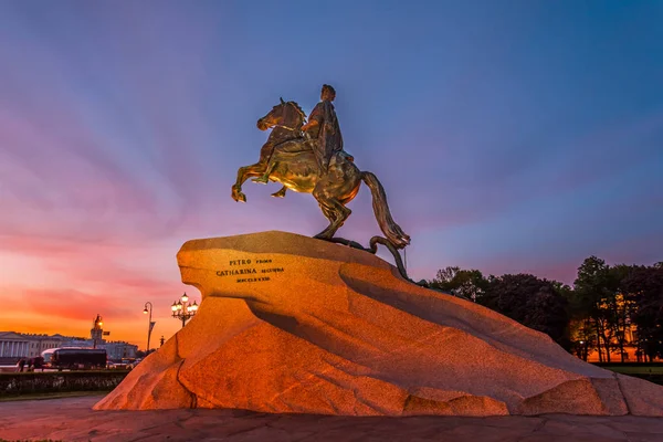 Szobrot Emlékmű Bronz Horseman Saint Petersburg Naplemente Esti Égen Peter — Stock Fotó