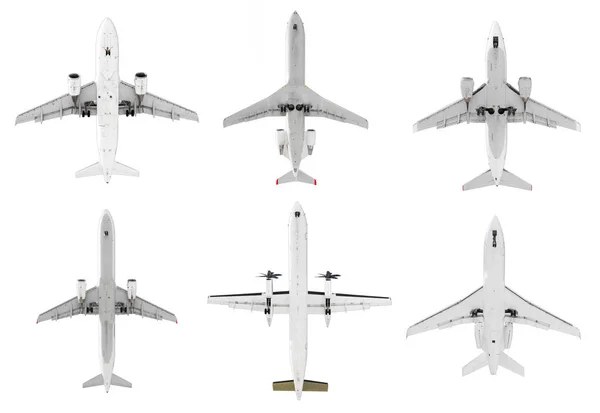 Σετ από έξι διαφορετικές λευκό αεροπλάνα, κάτω όψη, απομονώνονται σε λευκό φόντο. — Φωτογραφία Αρχείου
