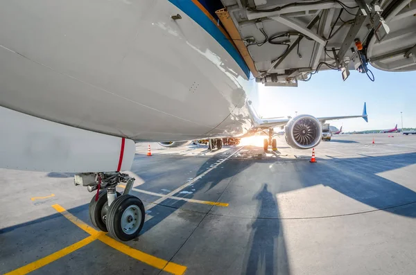 Tren Aterrizaje Delantero Los Aviones Pasajeros Primer Plano Vista Detallada —  Fotos de Stock