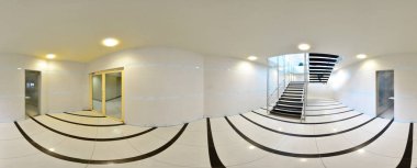 Kapı ve girişleri farklı oda ve Asansör ile iç boş uzun koridor küresel 360 derece panorama projeksiyon