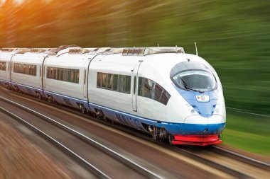 Modern high speed train at the rides through a green forest clipart
