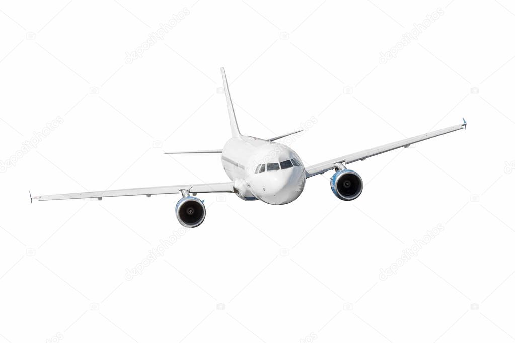 Aircraft in flight with blank livery and two engines isolated on white background