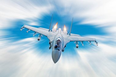 Silah - roket, bomba, kanatları üzerinde silah ile savaş uçağı askeri bir göreve çarpışma, yangın afterburner motoru püskürtme ile yüksek hızda bulanıklık bulutlar hareket sinekli