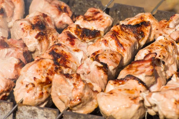 Shish Kebab Carne Porco Close Grelha — Fotografia de Stock