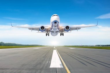 Mavi gökyüzü bulutlu iyi açık havada bir piste iniş yolcu uçak