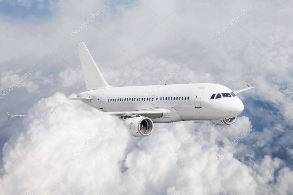 Airplane in the sky glides in the clouds flight journey. Passenger commercial aircraft