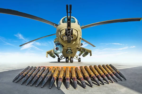 Military Helicopter Parked Foreground Cartridges Weapons Shoots — Stock Photo, Image