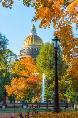 St. Isaac's Cathedral sonbaharda sarı turuncu yaprak, sokak ışıkları, Saint-Petersburg