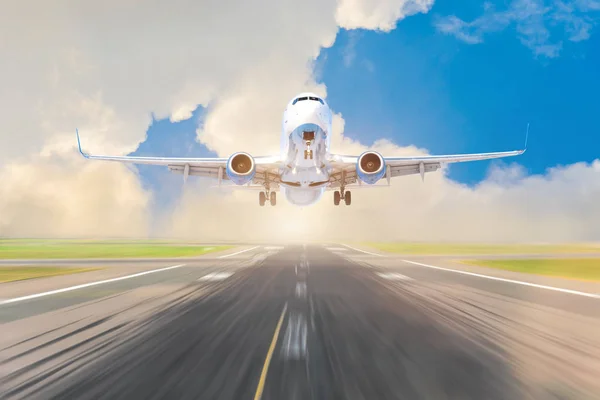 Avião Linha Descola Pista Conceito Viagem Para Países Mundo — Fotografia de Stock