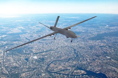Unmanned military drone patrols the territory, flying over the disrtict of city clipart