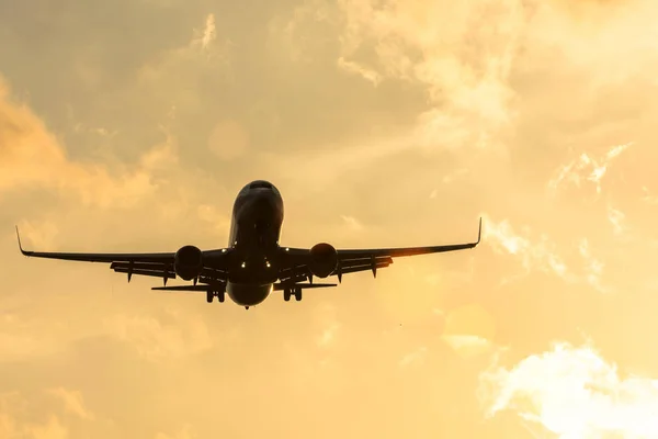 Donkere Silhouet Van Een Vliegtuig Bij Zonsondergang Aanpak Luchthaven Van — Stockfoto