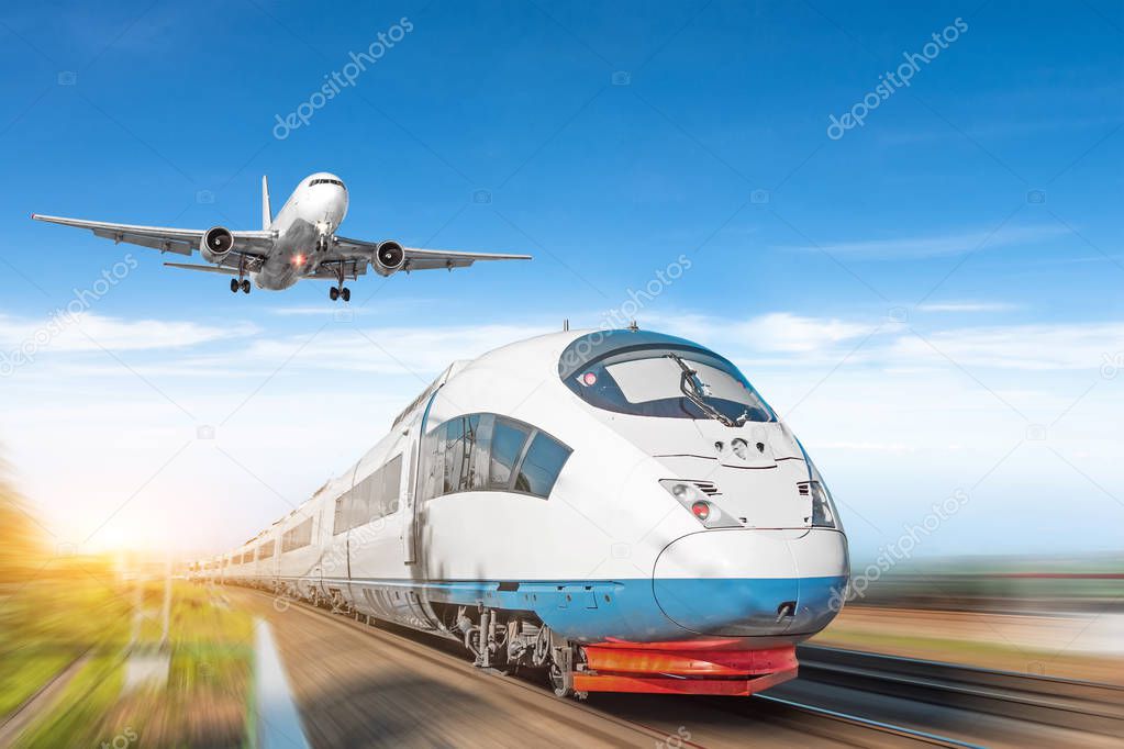 Airplane in the sky and high-speed train, the concept of passenger transport