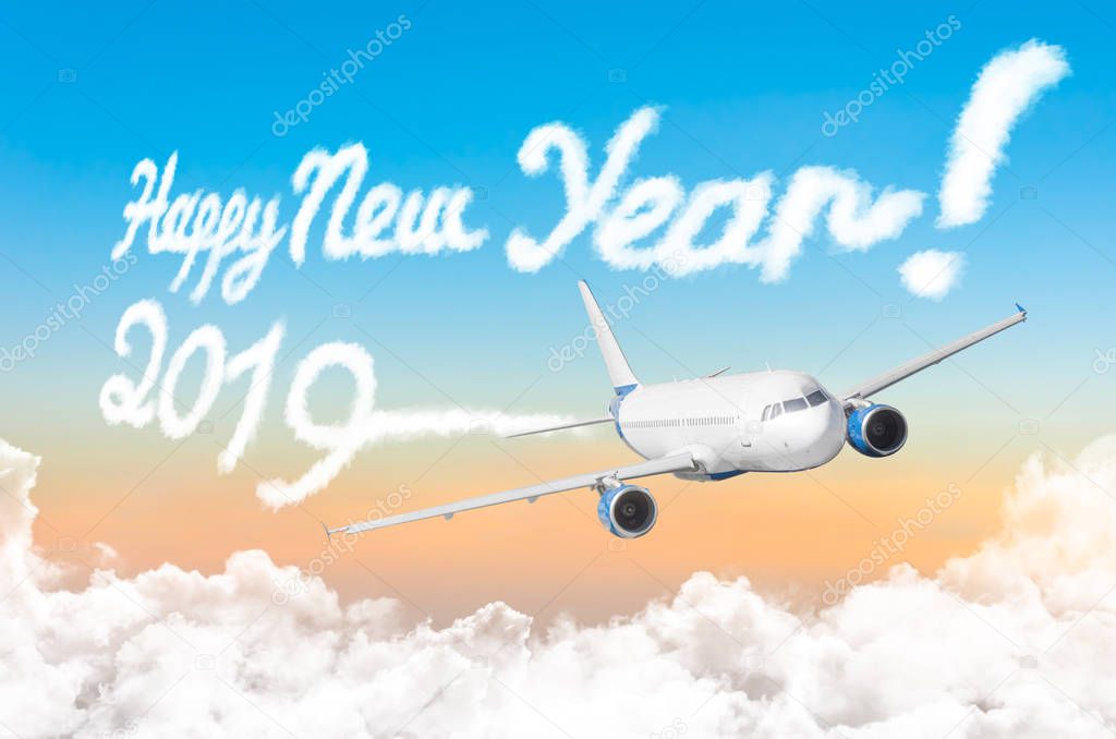 Drawing by airplane vapor steam contrail in gradient sunset sky. Happy New year concept