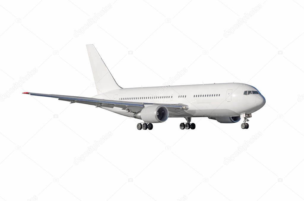 Jet airplane with ready landing gear isolated on white background