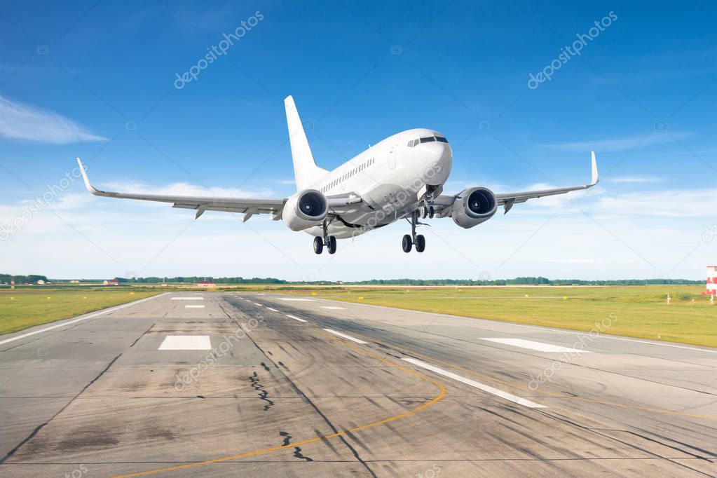 Take off airplane runway in airport to trip