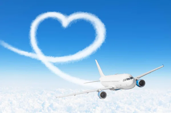 Nube Corazón Amor Dibujando Por Avión Concepto Amor Para Viajar — Foto de Stock