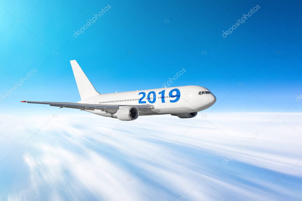 Airplane with the number 2019. The concept of the rapidly approaching future new year