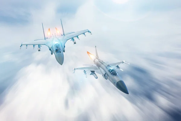 Przechwytuje Myśliwcem Towarzyszy Innego Wojownika Konflikt Wojna Sił Lotniczych — Zdjęcie stockowe