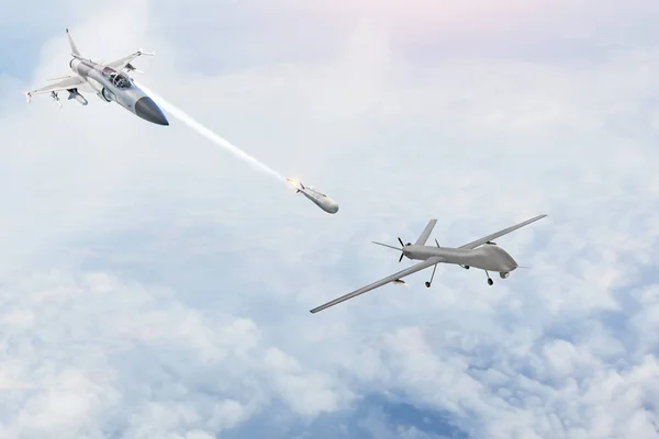 Combat fighter launches missiles at a target - uav unmanned military drone. Conflict, war. Aerospace forces