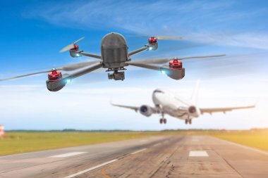 Uçağın insansız uçak sistemi Uav havada yolcu uçak için çok yakın. Quadcopter seçici odak içinde. Kavram uçuş tehlike bozulma