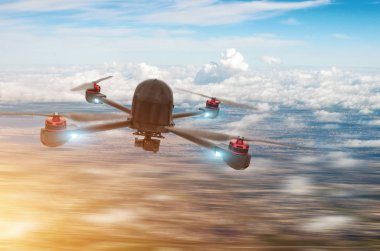 Quadcopter drone ile şehrin üzerinden hovering dijital fotoğraf makinesi
