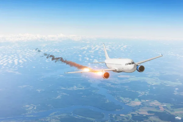 Аварійний Політ Літака Вогневим Двигуном Зменшення Падіння Концепція Розслідування Авіакатастрофи — стокове фото