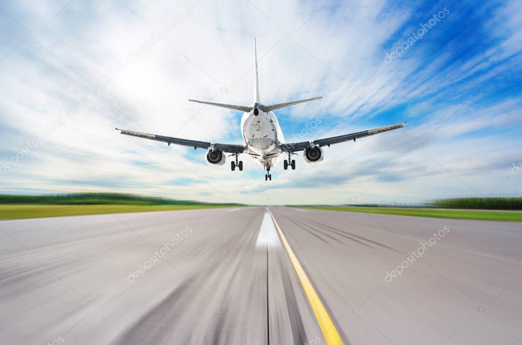 Airliner landed on the runway at the airport, flying overhead at high speed