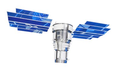 Yörünge uydu haberleşme yanı sıra dünya yüzeyinde uzaktan gözlem. Büyük güneş panelleri ile. Beyaz arka plan üzerinde izole.