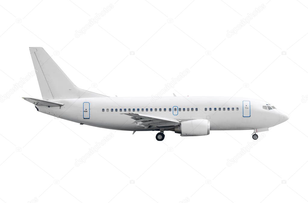 Aircraft with landing gear isolated from the white background. Side view