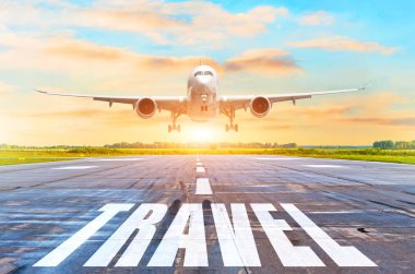 NEF sözcüğü üzerinde havaalanında uçak uçar - seyahat. Konsept tatil, dünyadaki yeni keşifler