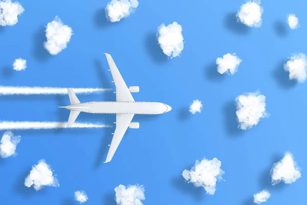 Modelo Miniatura Diseño Avión Sobre Fondo Azul Claro Con Nubes — Foto de Stock