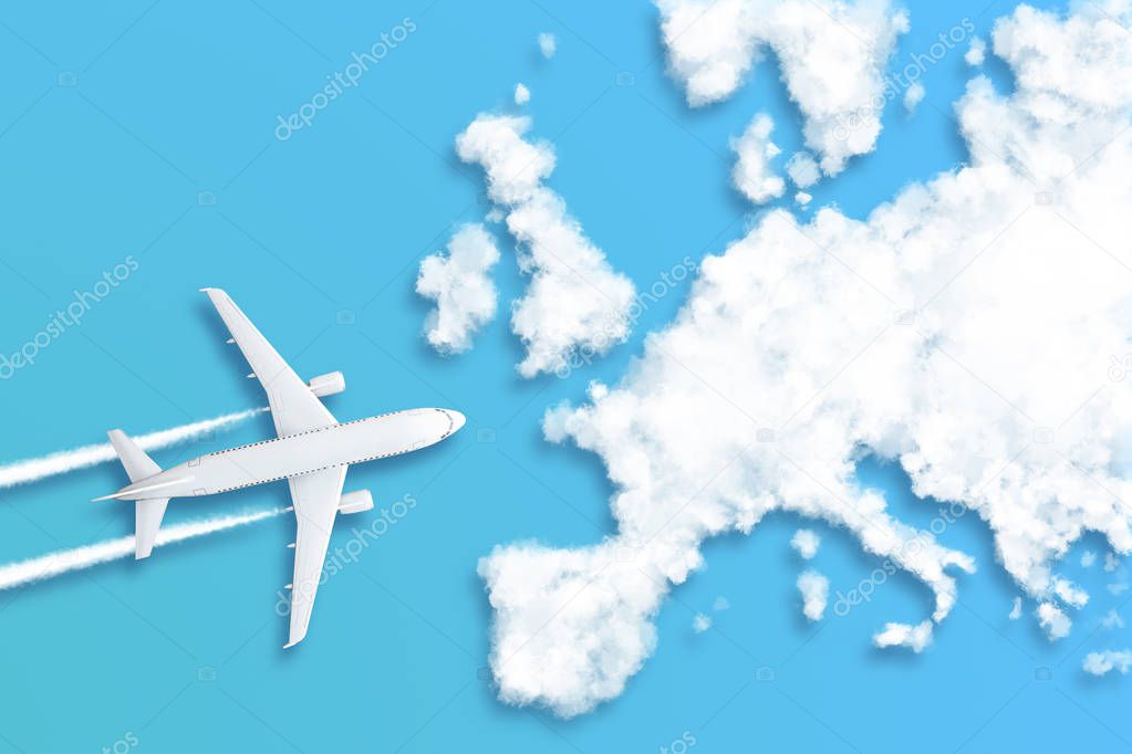 Model airplane design miniature blue background fluffy clouds in the shape of continent Europe. The idea of tickets for the trip, traveling by plane, new discoveries, summer holidays.