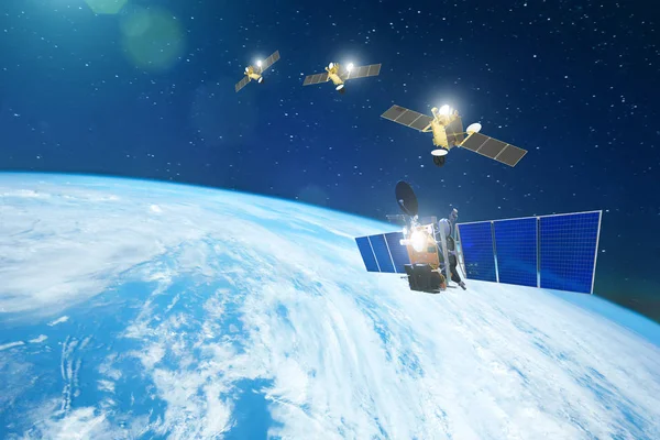 Group of satellites in a row orbiting the earth, for communication and monitoring systems. Elements of this image furnished by NASA. — Stock Photo, Image