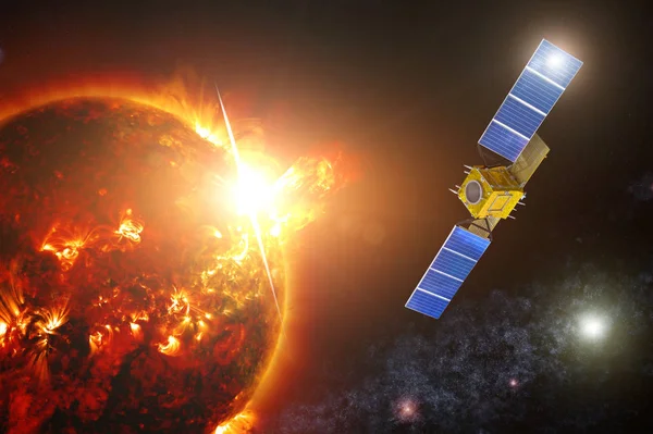 Space exploration satellite to monitor the actinicity of a Sun star. Fixed a powerful flash on the surface of the photosphere with dark spots. Elements of this image are furnished by NASA.